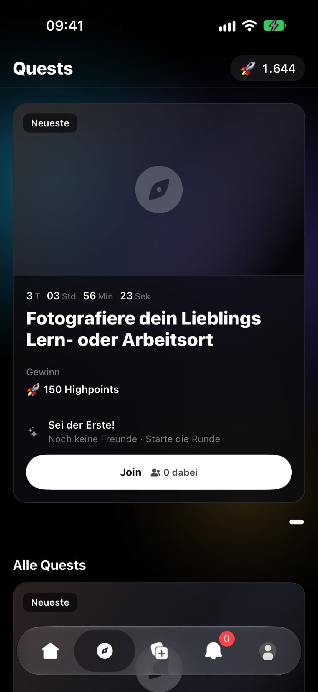 Der Quests-Tab der Ulifyi App mit der neuesten Quest, Countdown und Join-Button