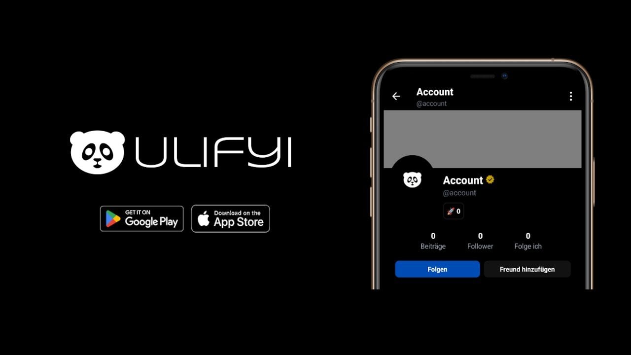 Vorschau des Ulifyi-Trailers: das Ulifyi-Logo, die Store-Badges und ein Profil in der App